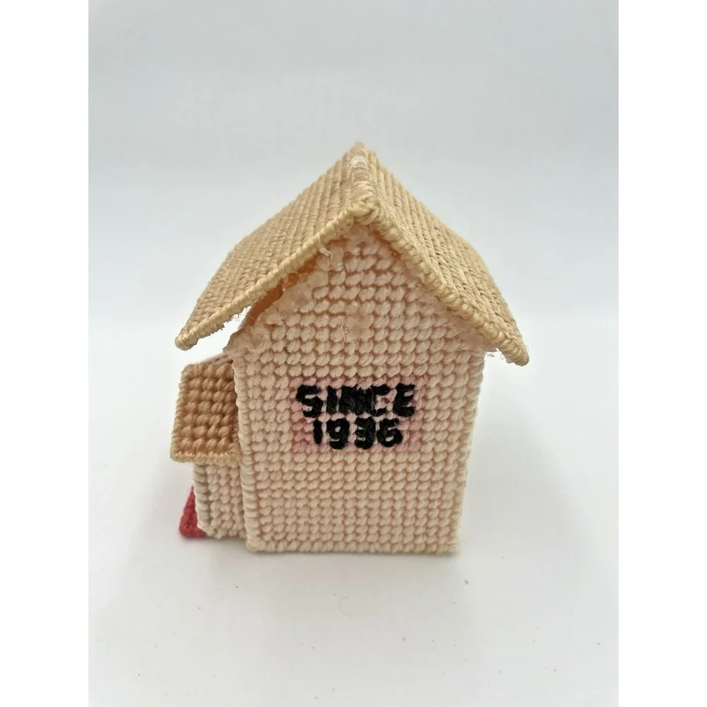 Vtg 70s Handmade Yarn Needlepoint Completed‎ School House Candy Plastic Canvas